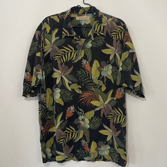 Tommy Bahama Button Down 100% Silk Shirt Mens Large Black Green Tropical Floral - Picture 1 of 10
